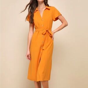 Orange Linen Button-Up Short Sleeve Midi Dress